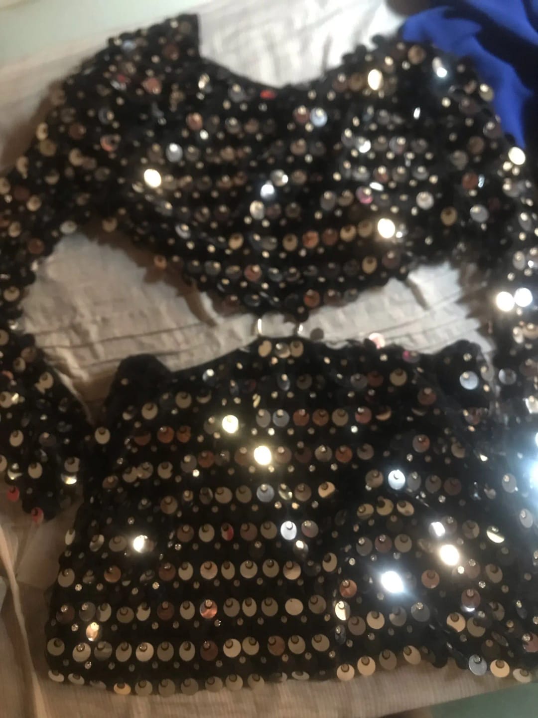 Customer photo review of Sequined Flare Sleeve Mini Dress O-Neck — Black | KIMLUD
