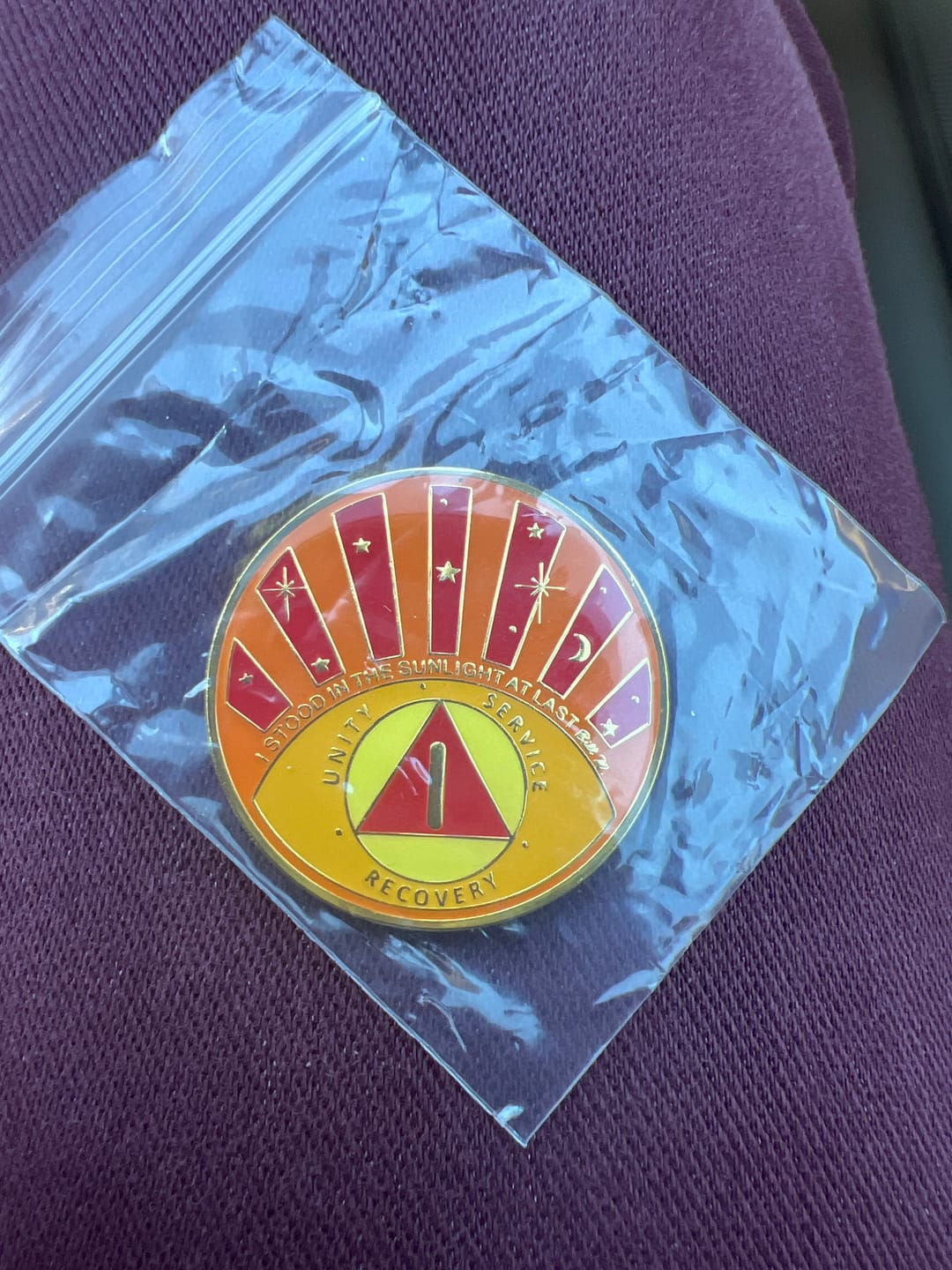 Customer photo review of 1 to 40 Year Stood in the Sunlight Specialty AA Recovery Medallion - Tri-Plated Chip/Coin