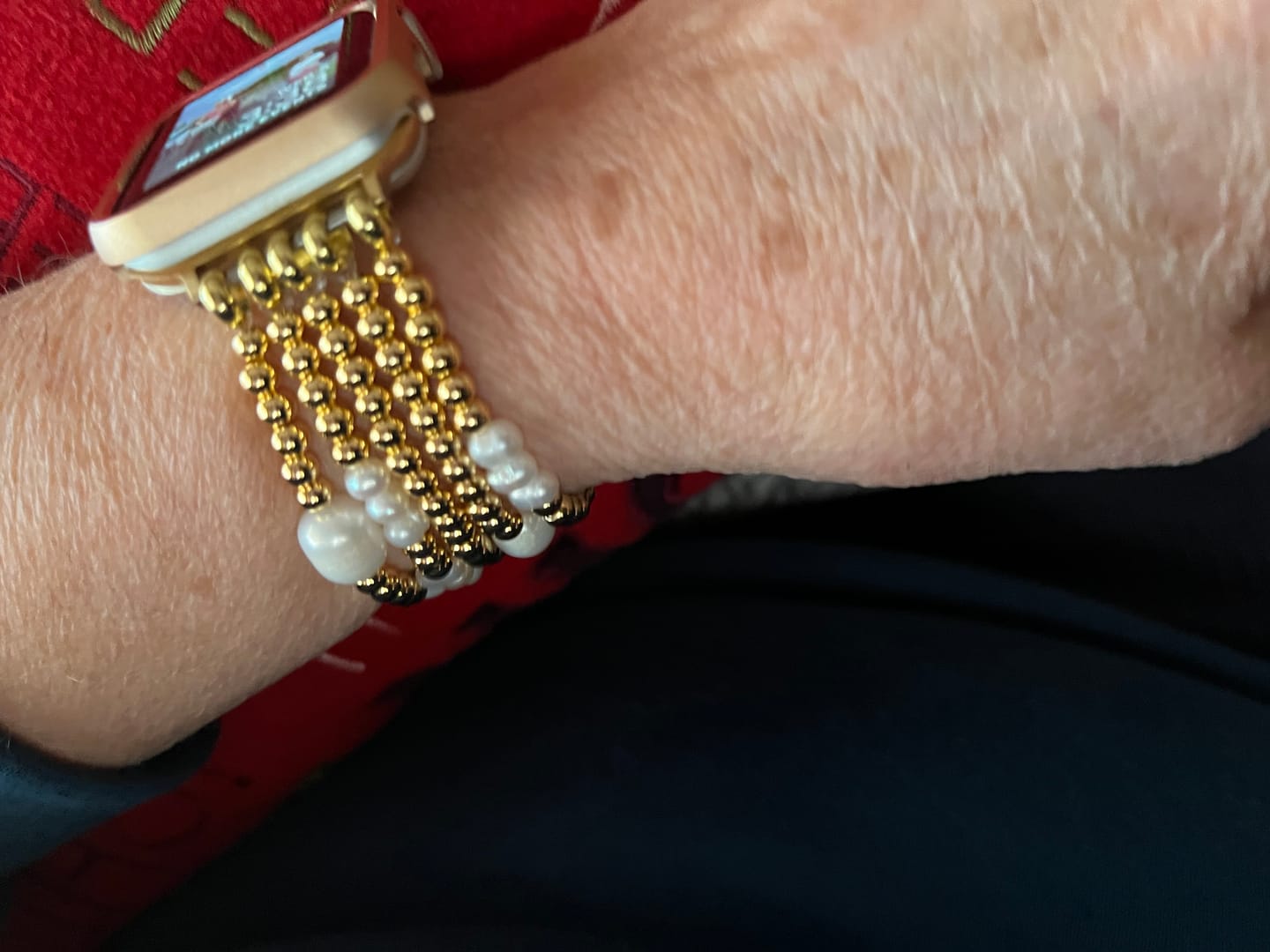 Customer photo review of Gold and Pearl Stretch Apple Watch Strap