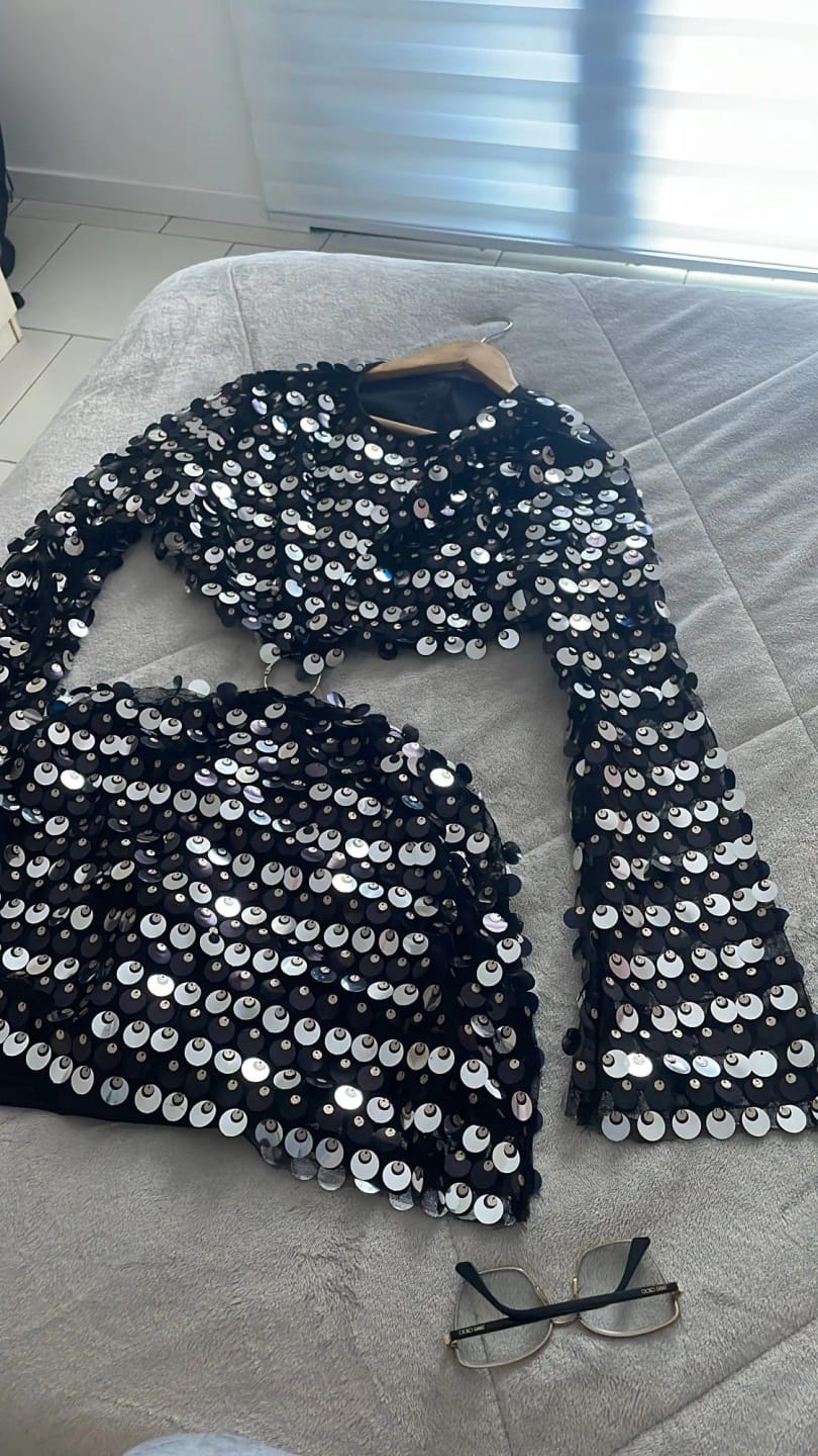 Customer photo review of Sequined Flare Sleeve Mini Dress O-Neck — Black | KIMLUD