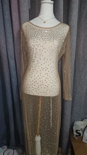 Customer photo review of Mesh Glitter Maxi Cover Up Dress Long Sleeve See-Through Split — Silver | KIMLUD