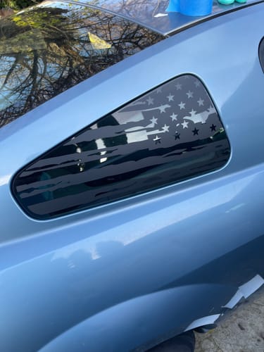 Customer photo review of (x2) Distressed USA flag pre-cut decal fits 2005-2009 Ford Mustang quarter window