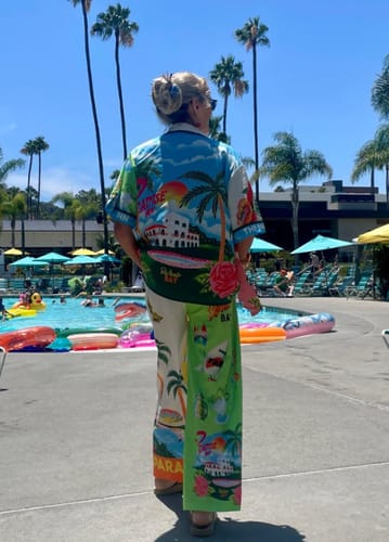 Customer photo review of Kissed By The Sun Satin Unique Print Colorblock Elastic Waist Pocketed Wide Leg Pants