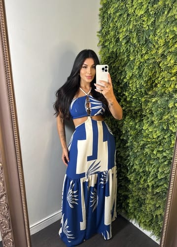 Customer photo review of Farrier Printed Front Hollow Ring Design Cutout Slit Maxi Dress