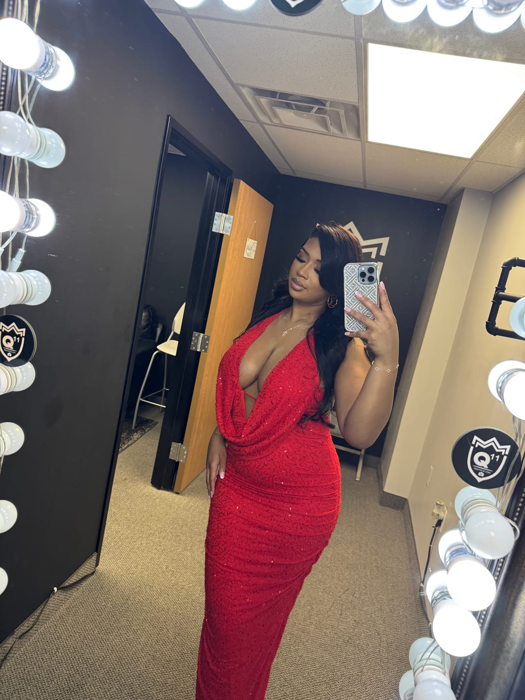 Customer photo review of Viva Rhinestone Beaded Halter Maxi Dress