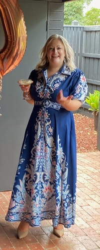 Customer photo review of Monica Embroidered Print Dress in Navy