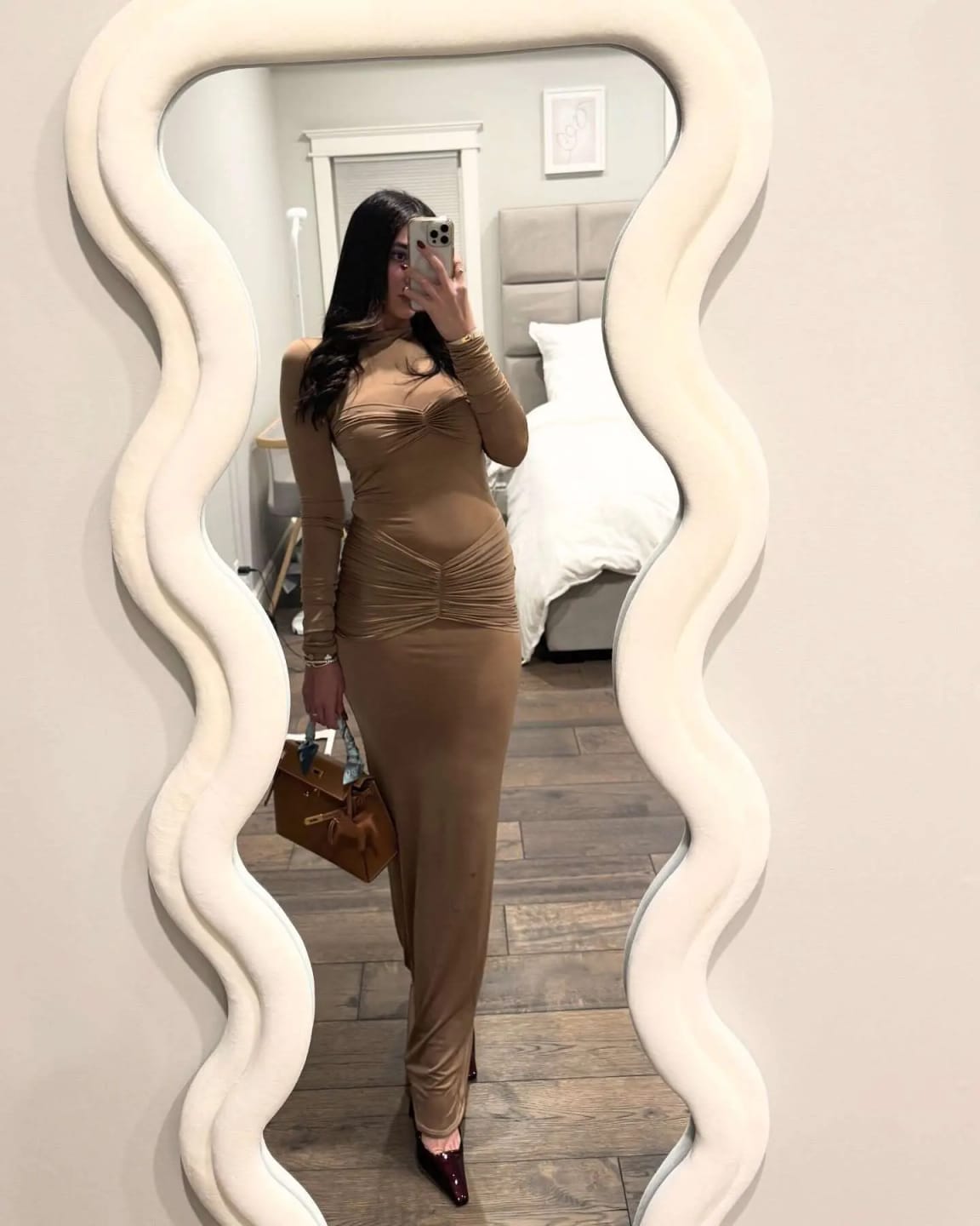 Customer photo review of Polyester Ruched Maxi Dress Round Neck — Khaki | KIMLUD