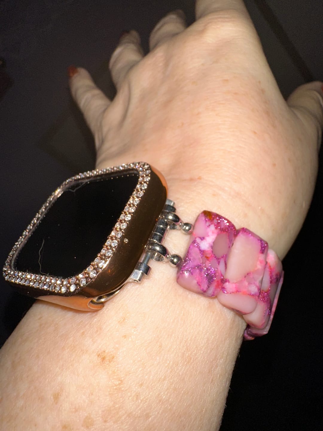 Customer photo review of Rose Marble Stretch Apple Watch Strap
