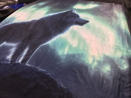 Customer photo review of Siberian Husky Standing on Snowy Mountain Peak Under Glowing Northern Lights Fleece Sherpa Blanket