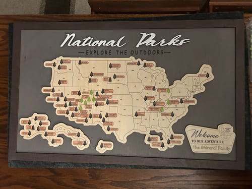 Customer photo review of US Wooden National Parks Travel Map With Trees To Record Park Visits (Light Grey)
