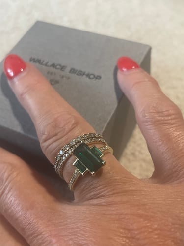 Customer photo review of Created Emerald & Diamond Trilogy Ring in 9ct Yellow Gold