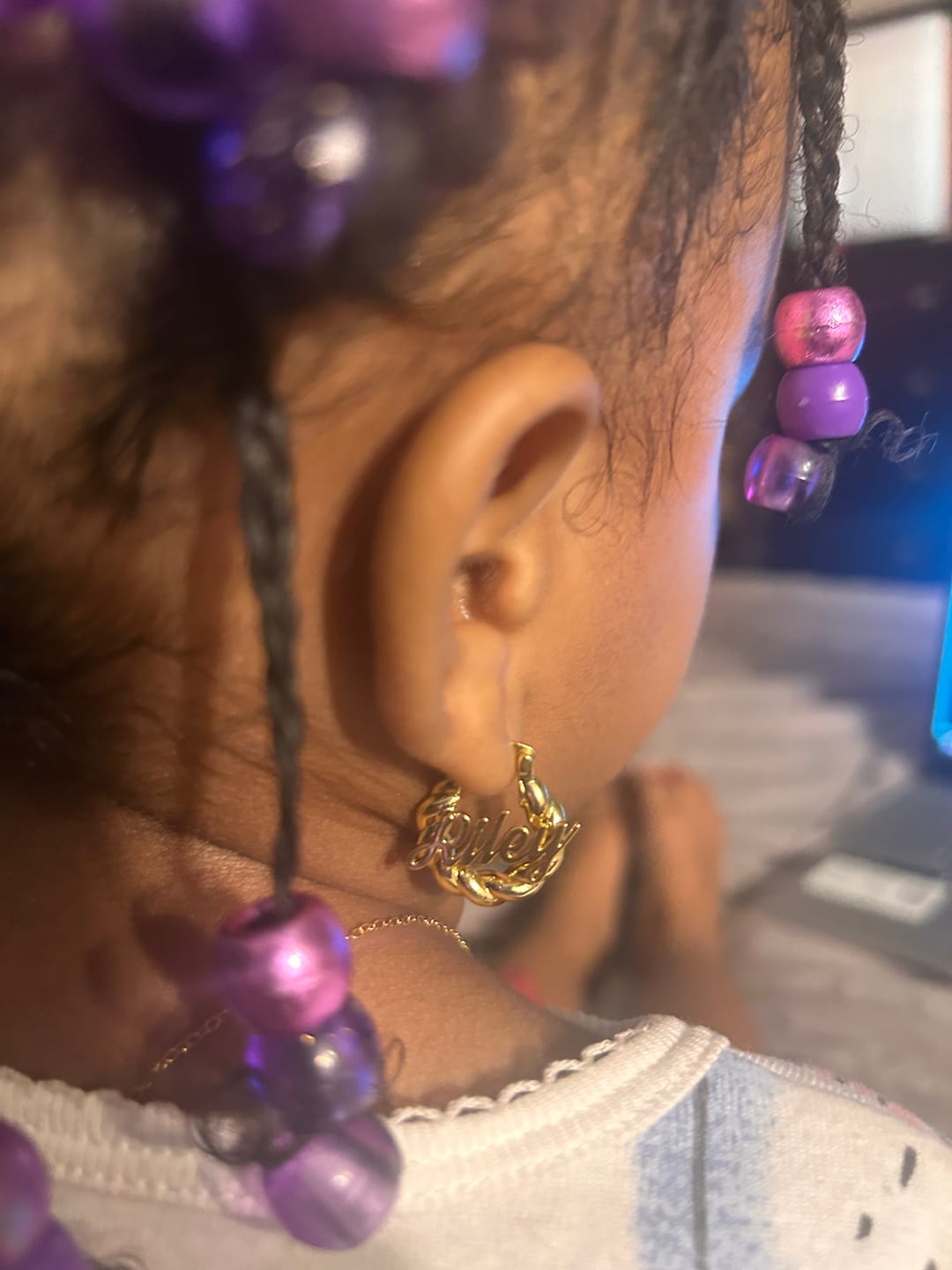 Customer photo review of Girl's Twisted Hoop Name Earrings