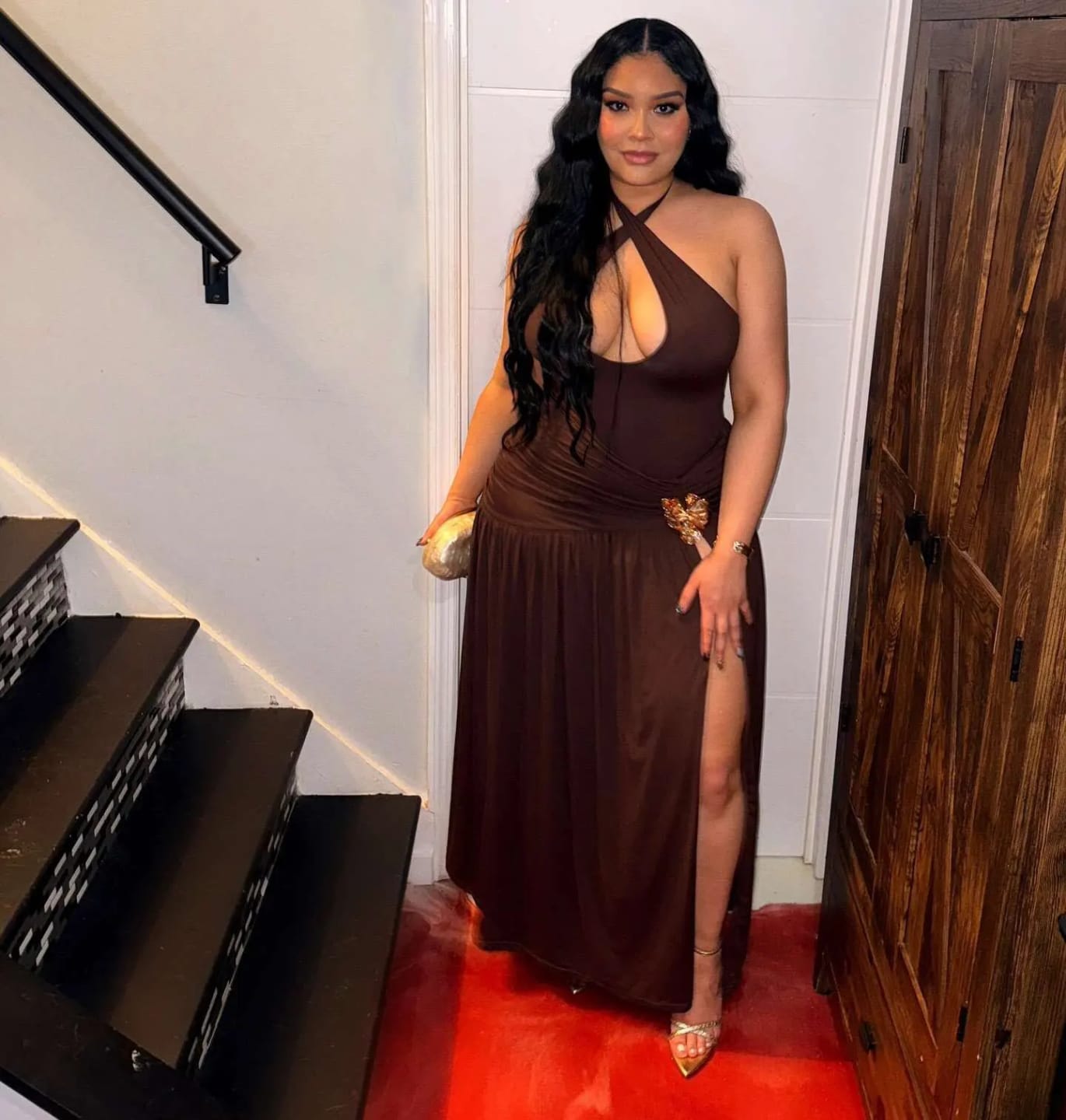 Customer photo review of Backless Halter Maxi Dress Set Ruched Split — Lime Green | KIMLUD