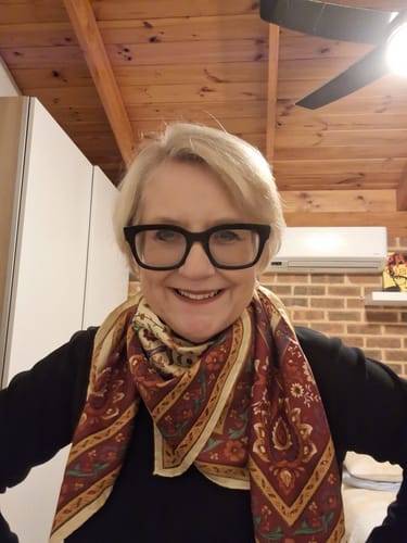 Customer photo review of 1980’s Red & Yellow Floral Vintage Silk Scarf