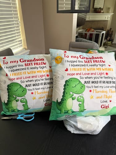 Customer photo review of Personalized Dinosaur Pillow for Grandson - Custom Name Huggable 18x18 Inch Gift | Kids Bedroom Decor & Birthday Present