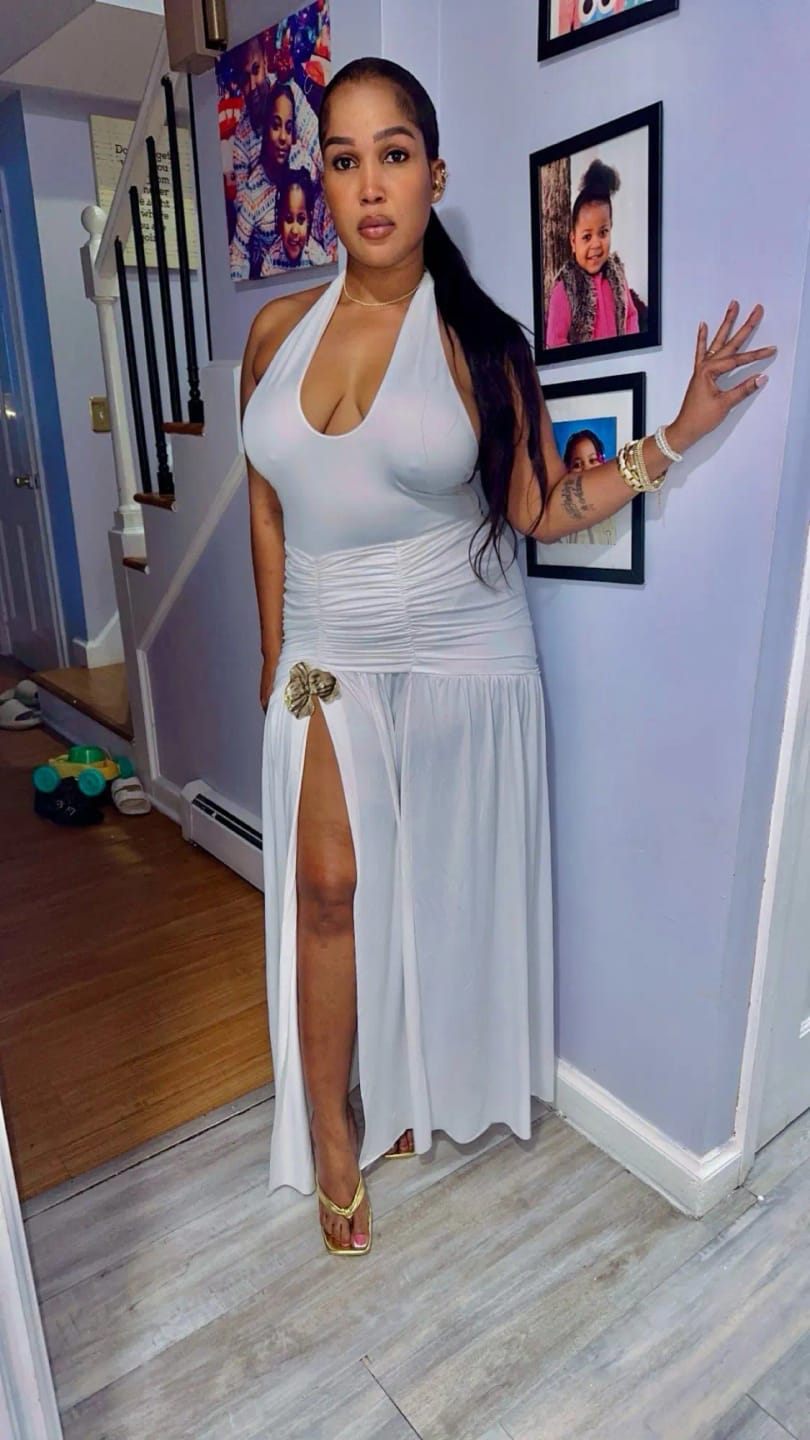 Customer photo review of Backless Halter Maxi Dress Set Ruched Split — Lime Green | KIMLUD