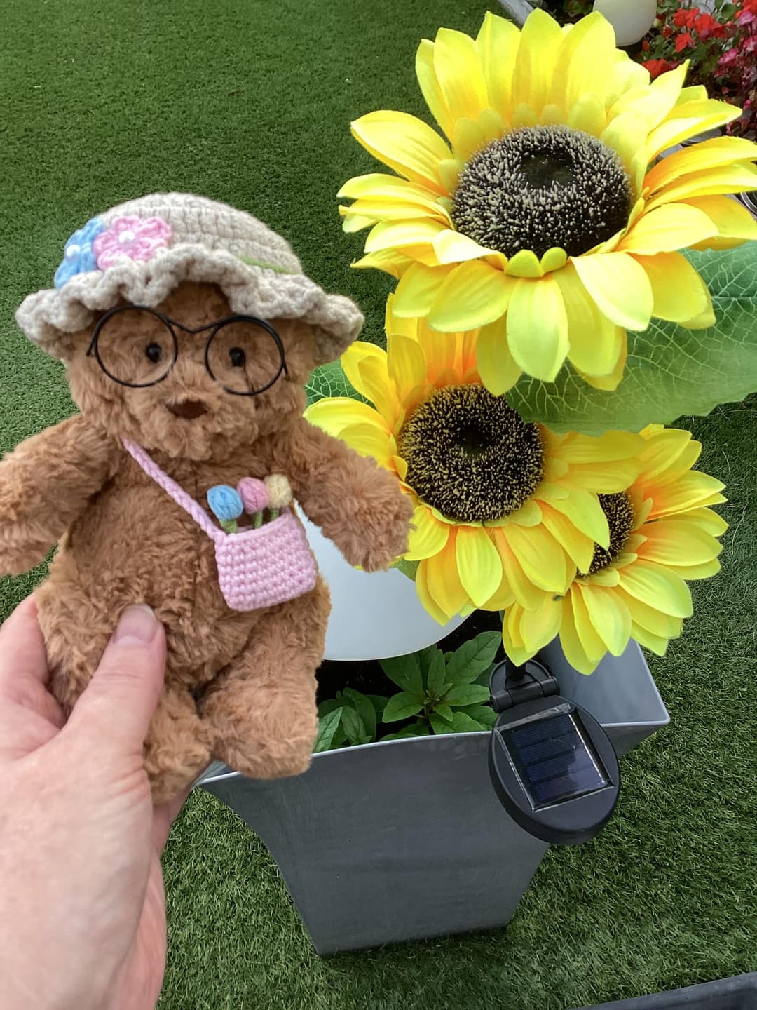 Customer photo review of Crochet Sunhat & Mini Bag Set for Jellycat Peanut  – Fit for Similar 15cm Plushie