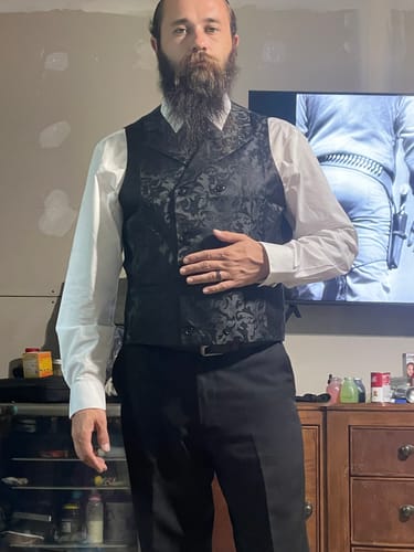 Customer photo review of Black Floral Jacquard Silk Men's Vest Hanky Cufflinks Tie Set