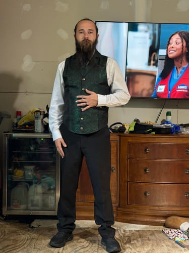 Customer photo review of Ties2you Men's Vest Black Green Paisley Jacquard Notched Collar Slim Victorian Suit Vest