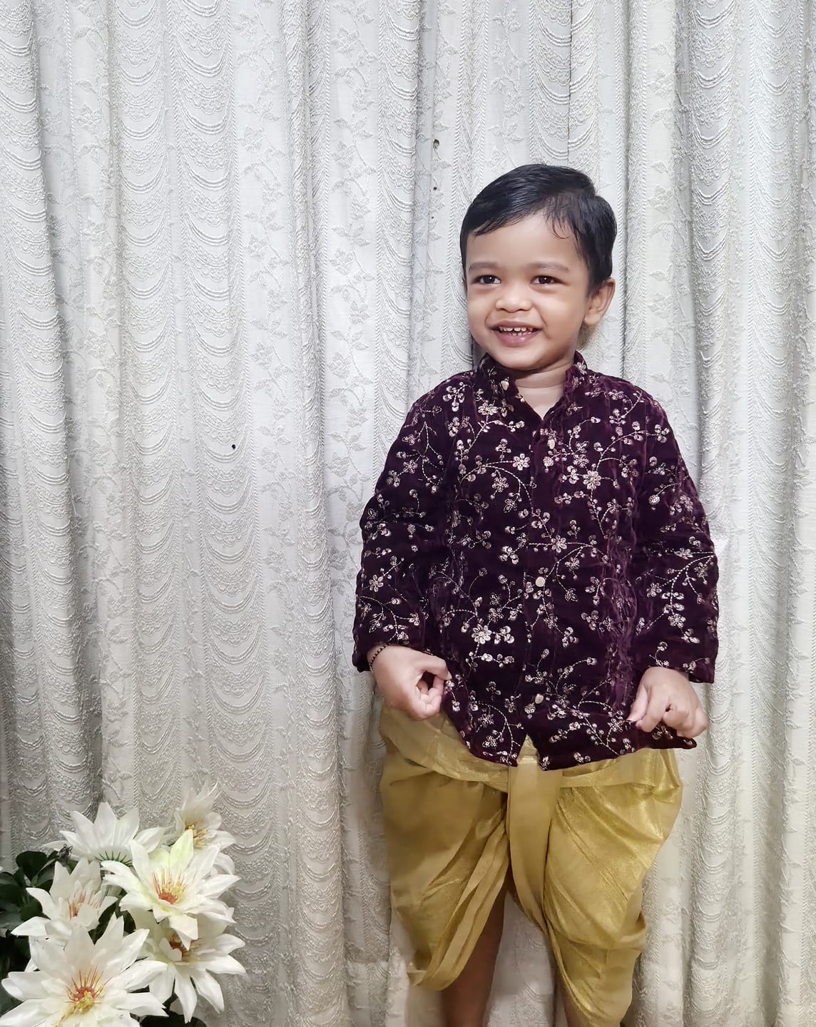 Customer photo review of Deep Wine Velvet and Gold Dhoti Kurta for Boys and Baby Boys