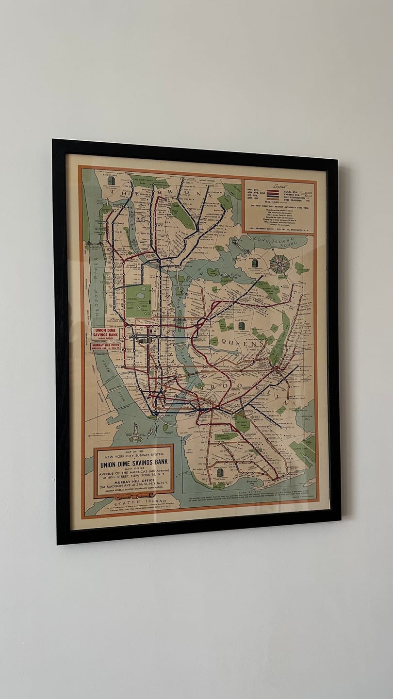 Customer photo review of Old Subway Map of New York City, 1954 by Voorhies - Queens, Brooklyn, Manhattan, IND, IRT, BMT Rail Lines