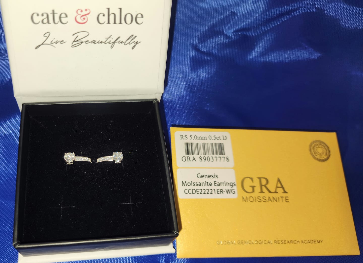 Customer photo review of Moissanite by Cate & Chloe Genesis 18k Gold Plated 925 Sterling Silver Stud Earrings 1.12tcw