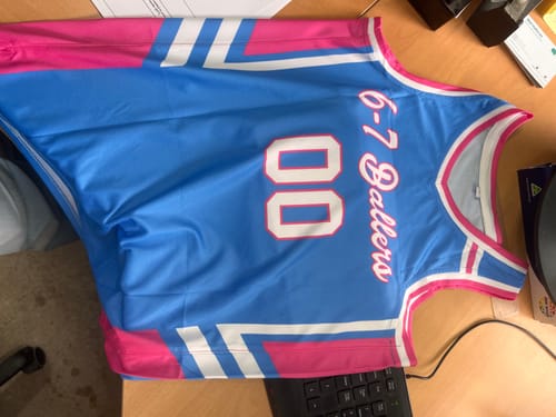 Customer photo review of Custom Powder Blue White Pink Classic Tops Mesh Basketball Jersey