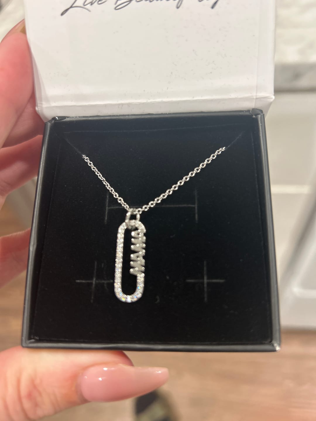 Customer photo review of Elaine 18k White Gold Plated Mama Pendant Necklace with Simulated Diamond Crystals