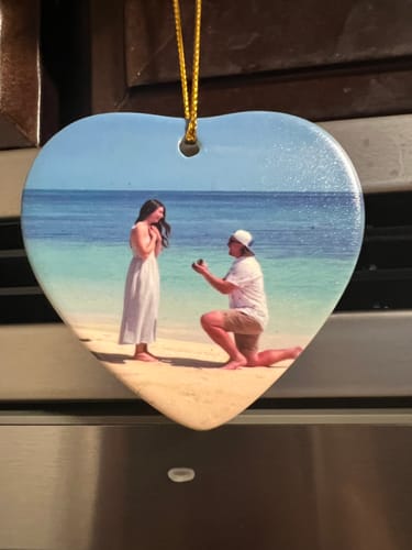 Customer photo review of Engagement Ornament - Custom Map & Photo Gift Heart-shaped Ceramic Ornament