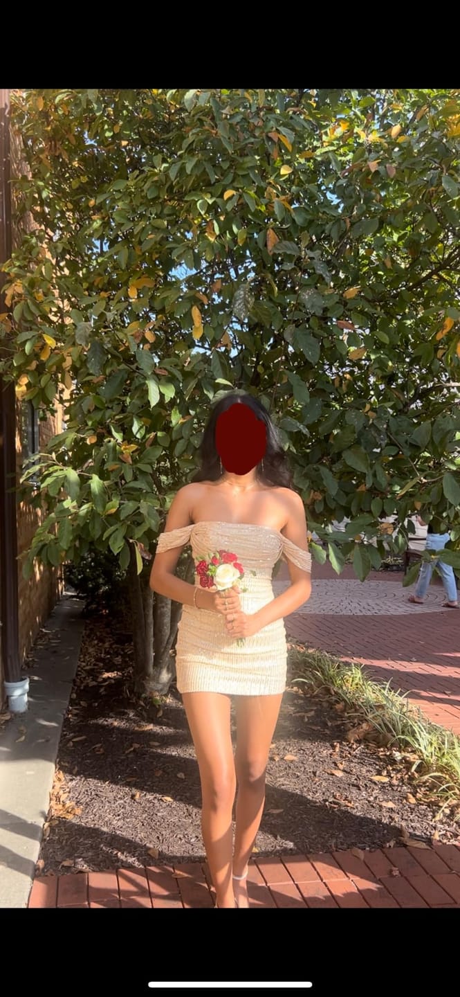 Customer photo review of Off the Shoulder Pink Ruched Sequin Short Dress