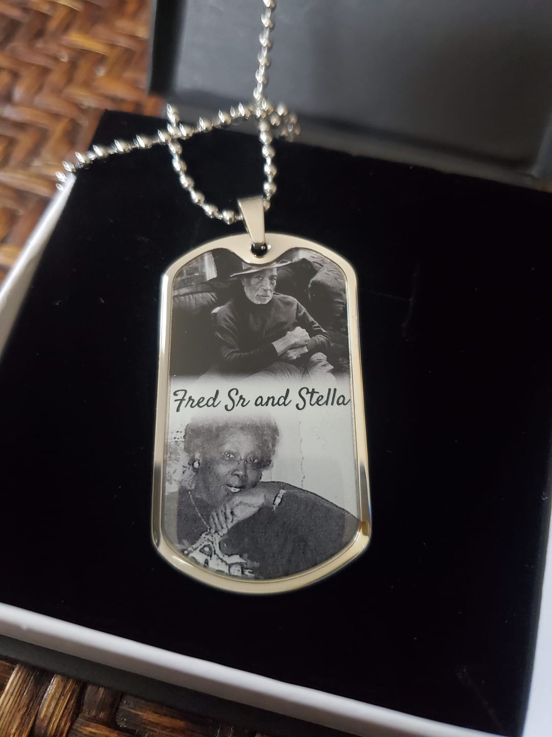 Customer photo review of Custom Name and 2 Photos Memorial Dog-tag Necklace Gift