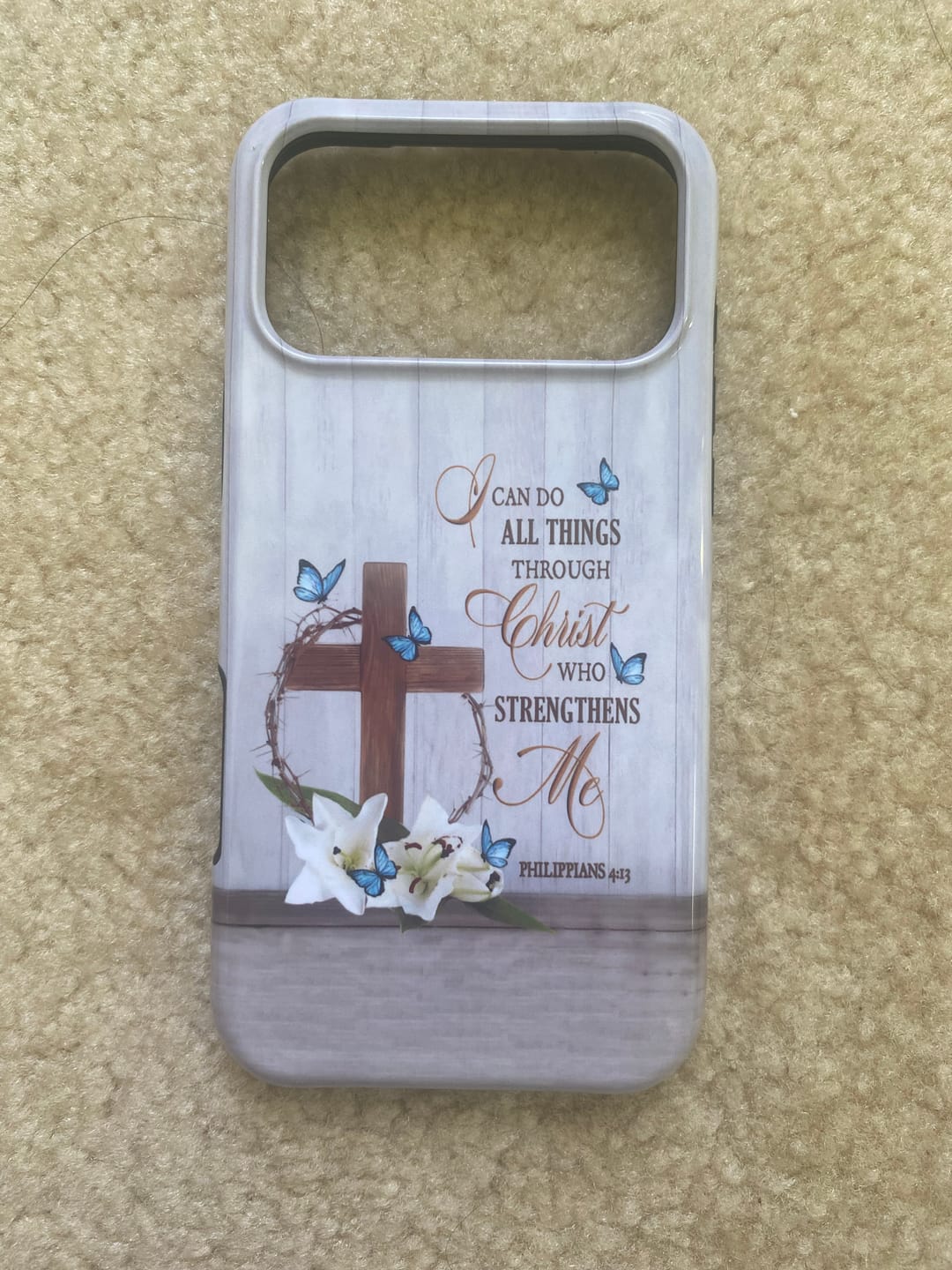 Customer photo review of Philippians 4:13 I Can Do All Things Through Christ, Wooden Cross Flower Butterflies, Phone Case