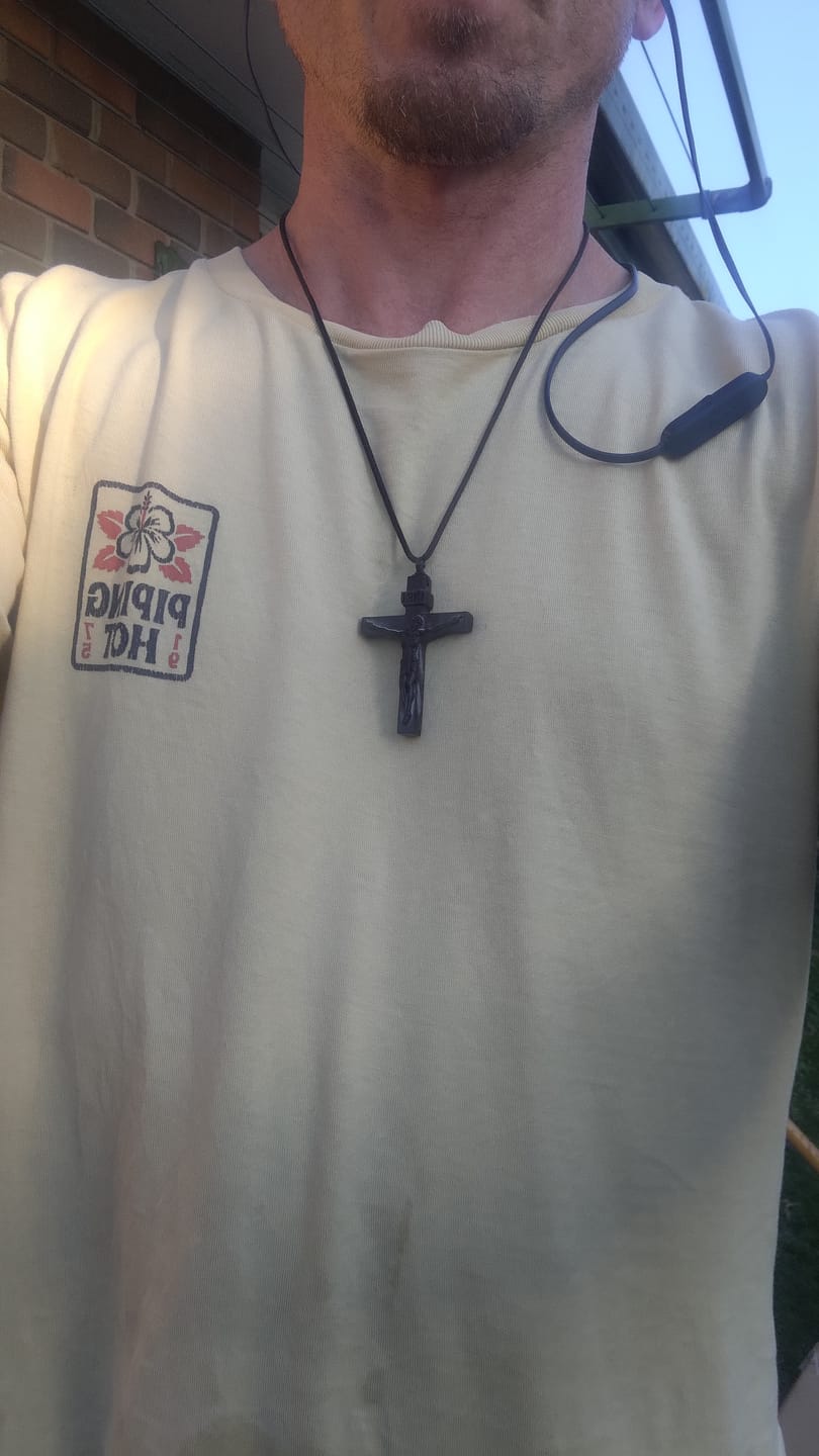 Customer photo review of Christianartworkshop Jesus Crucifix Wooden Necklace