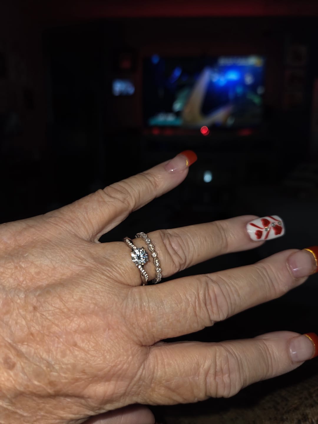 Customer photo review of Milgrain Marquise and Dot Moissanite Half Eternity Wedding Band Ring In Sterling Silver