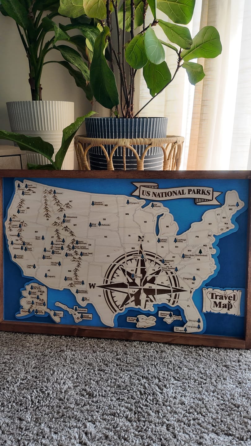 Customer photo review of US National Parks Map Sign w/ Tree Markers | Laser Engraved & Framed Wall Art