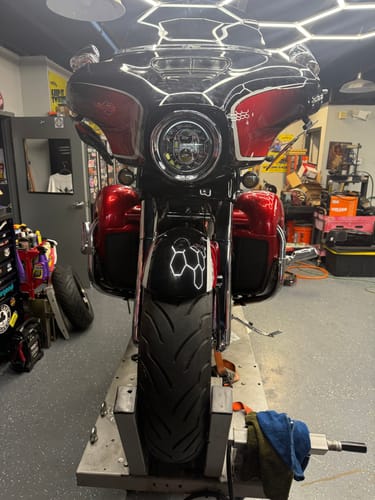 Customer photo review of HR3 Sunset Orange / Sunset Black Fade Vented Lower Fairing Kit with 6.5" Speaker Pods For Harley Touring models 2014-2024