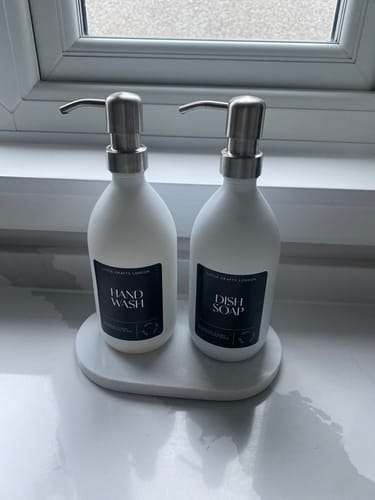 Customer photo review of Set of 2 Milky White Glass Bottle 500 ML with Metal Pump & Small Tray (White Label)