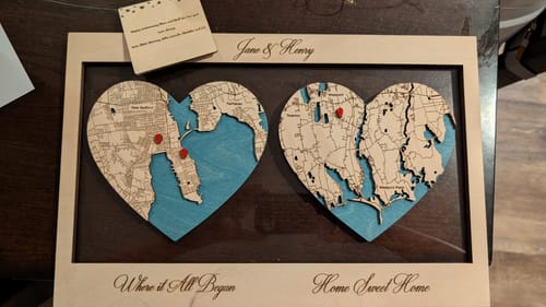 Customer photo review of 3D Wooden Map for Two Locations Hearts