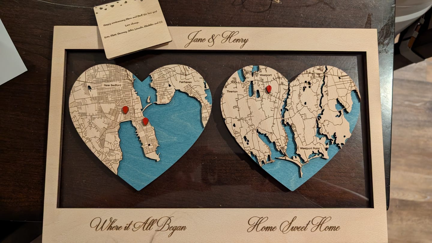 Customer photo review of 3D Wooden Map for Two Locations Hearts