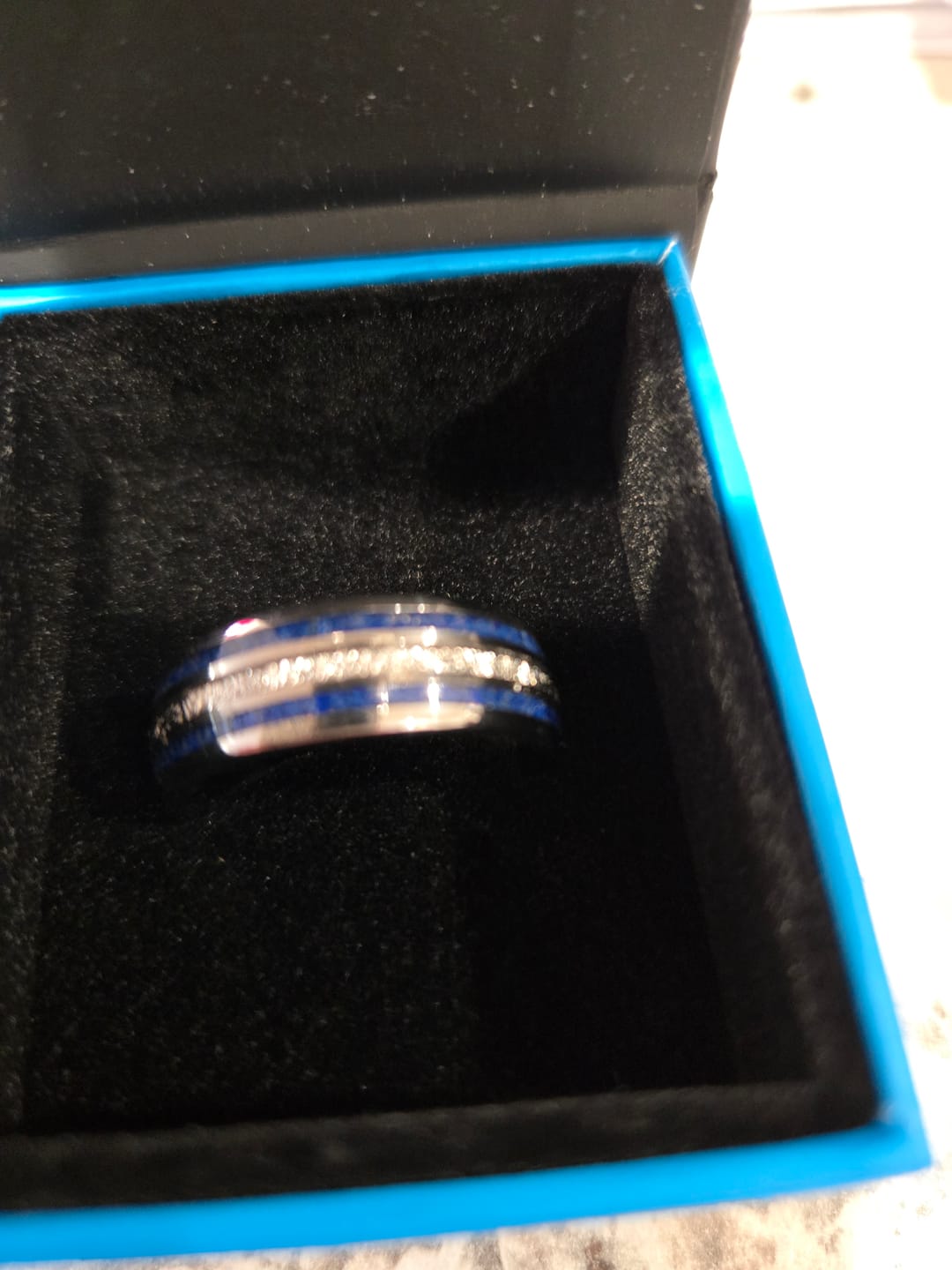 Customer photo review of 8mm - Mens Domed Tungsten Meteorite Ring, W/ Lapis Lazuli Inlay
