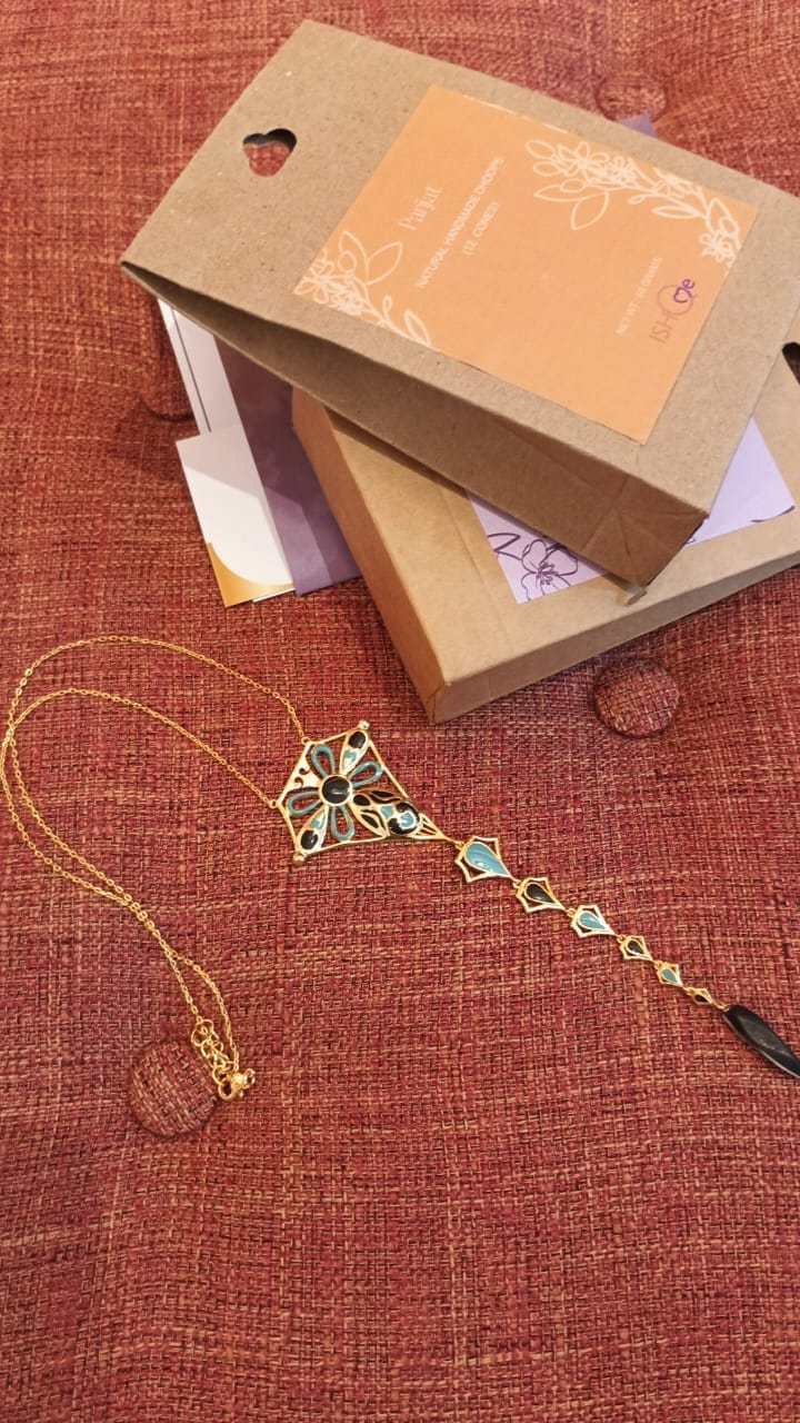 Customer photo review of Turquoise and Black Enamel with Onyx Drop Necklace