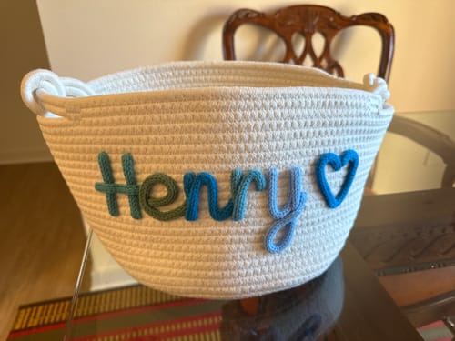 Customer photo review of Baby Knits™  Multicolor Personalized Knitted Basket