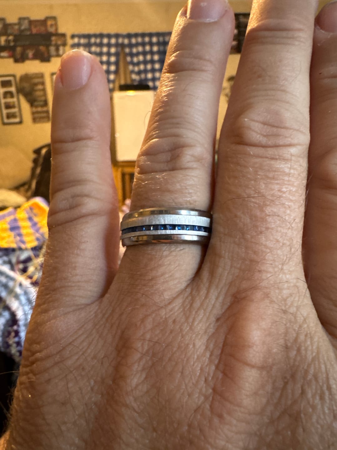 Customer photo review of 8mm - Mens Titanium Wedding Band With Blue Sapphire Titanium Ring