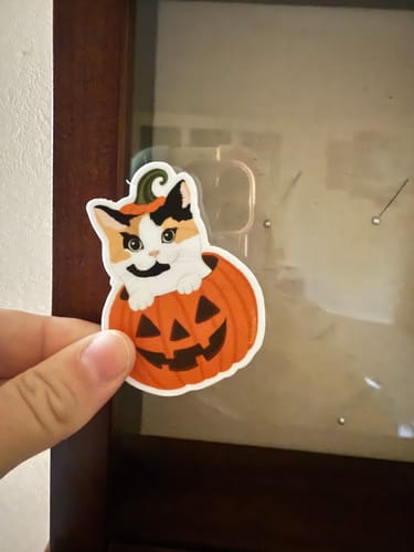 Customer photo review of 🎁 Luci Pumpkin Cat Sticker (100% off)