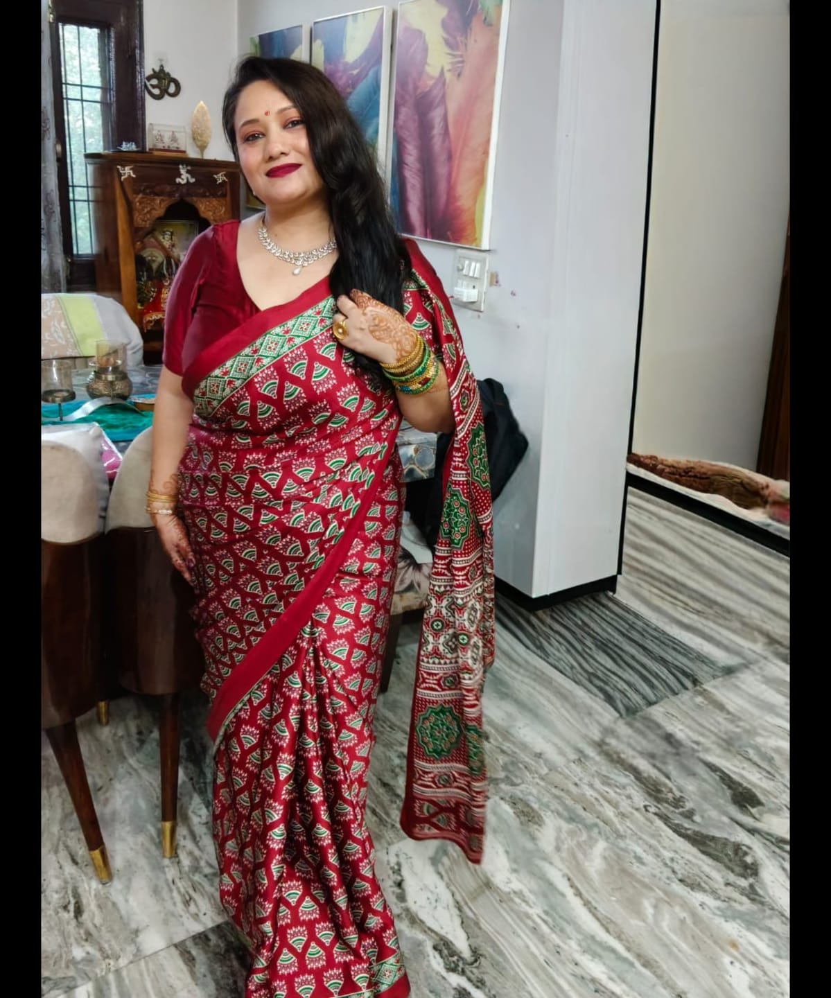 Customer photo review of Onyx Black Digital Printed Ajrakh Satin Crepe Saree