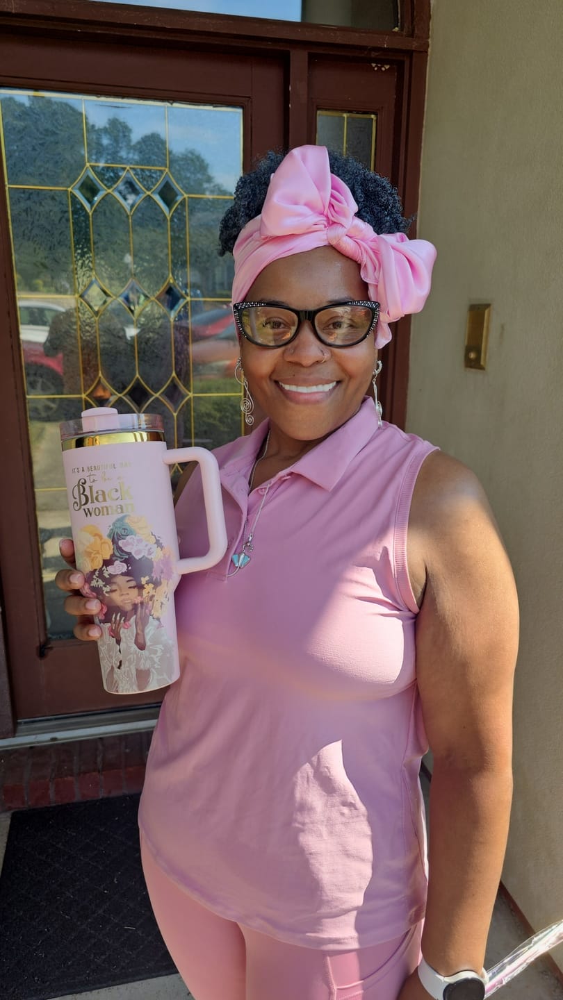 Customer photo review of Pink “Royalty Blossomed” 40oz Insulated Tumbler – "It’s a Beautiful Day to be a Black Woman"
