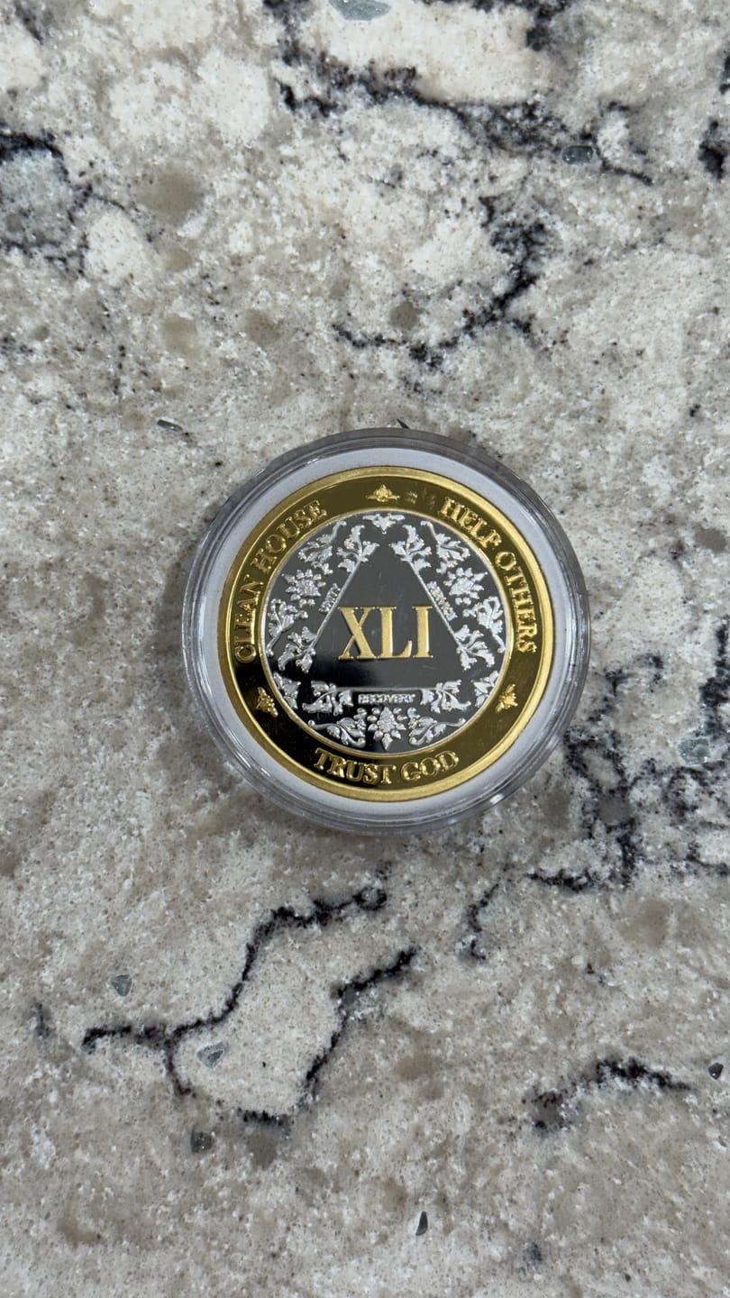 Customer photo review of 1 to 50 Year Sobriety Mint 'In Bloom' Lotus Flower Gold Plated AA Recovery Medallion/Chip/Coin - White