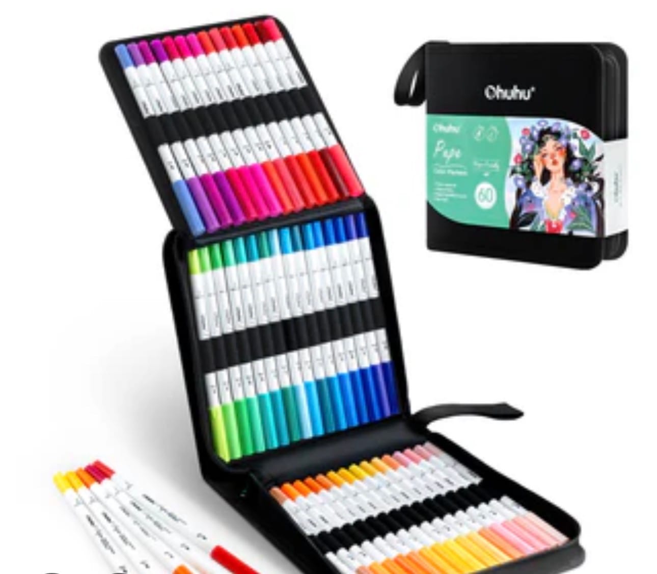 Customer photo review of Ohuhu Pupe Paper-friendly (No Peeling) Brush and Fineliner Dual Tips 60 Colors Water-based Coloring Markers