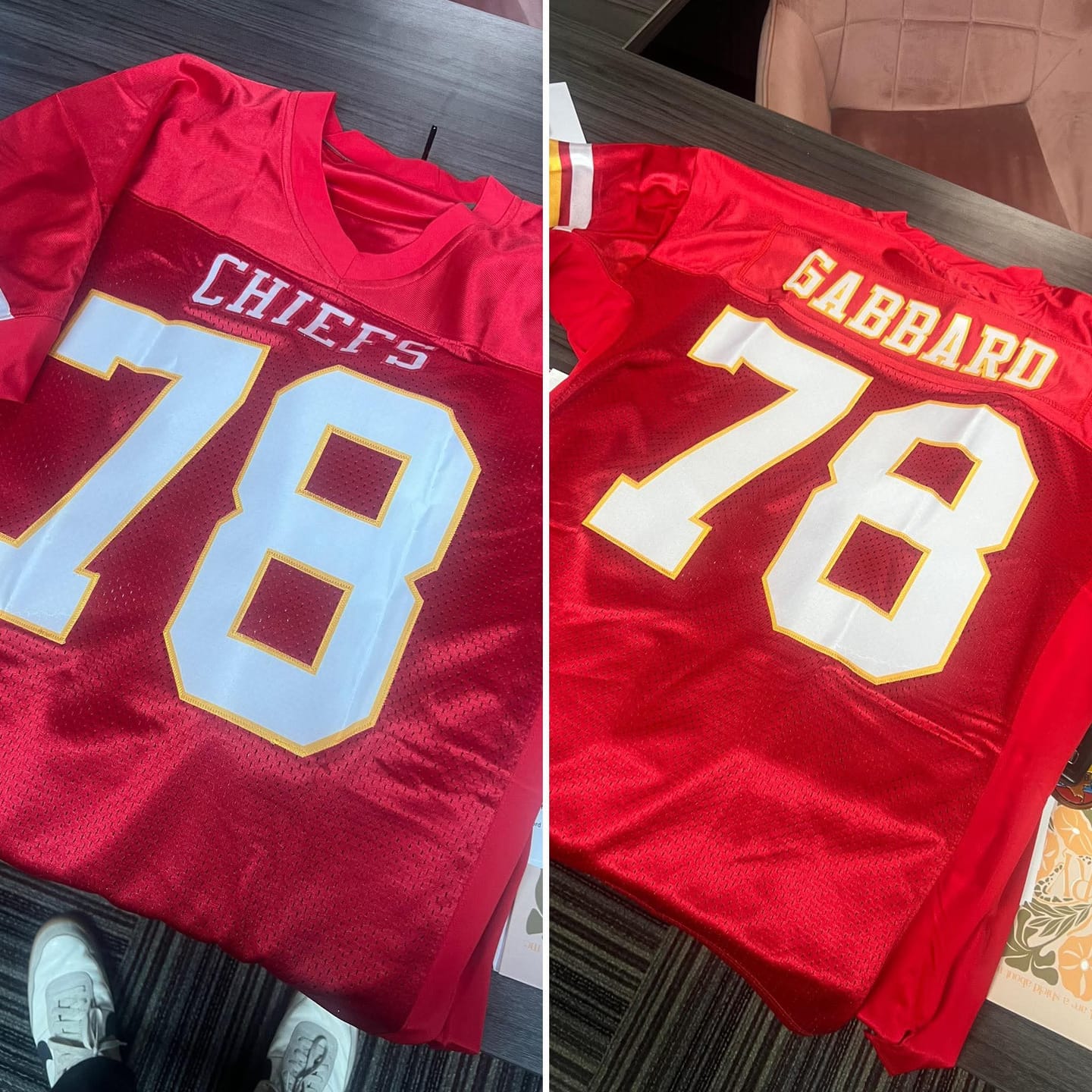 Customer photo review of Custom Red White-Gold Classic Style Mesh Authentic American Football Jersey