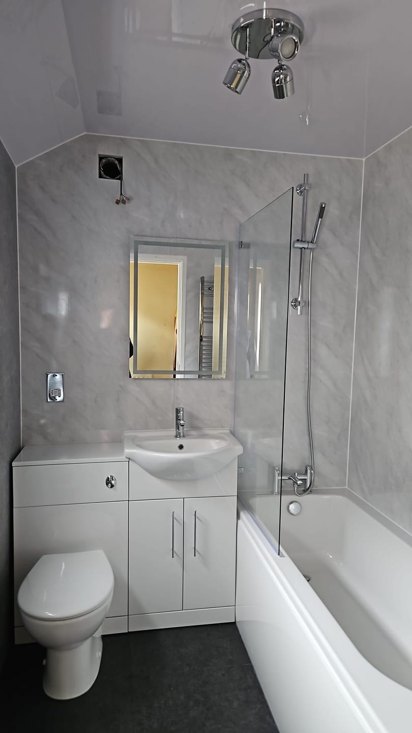 Customer photo review of Premium Grey Marble Gloss Shower Wall Panel – 1M x 2.4M